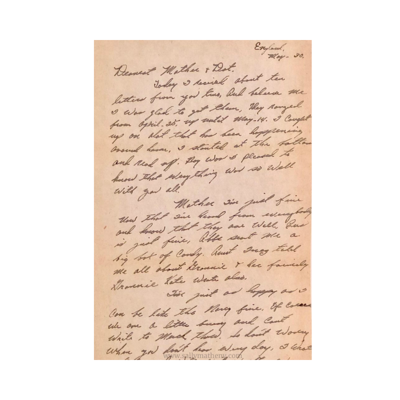 Shows a handwritten letter by Charles H. Walker to his mother. Dated May 30, 1944. Permission for use granted to Sally Matheny.