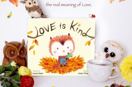 Love is Kind book with coffee cup and stuffed owls