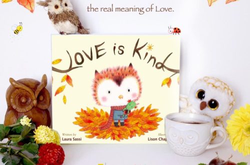 Love is Kind book with coffee cup and stuffed owls