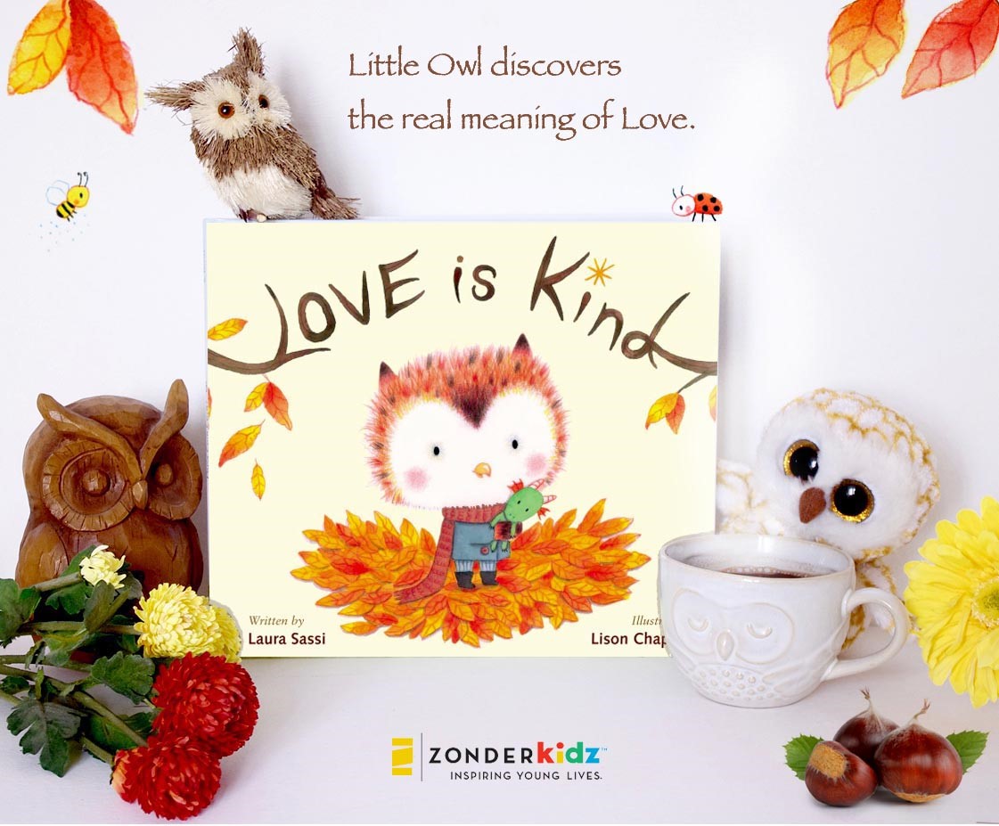 Love is Kind book with coffee cup and stuffed owls