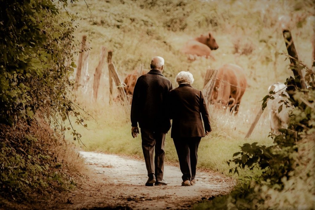 Elderly couple walking down road together, hand in hand.