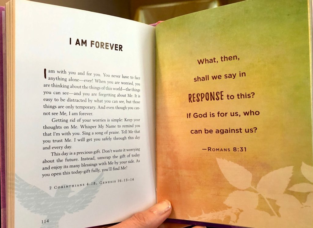 Shows inside page of devotion for review of "Jesus Calling for Teens: 50 Devotions to Grow Your Faith." 