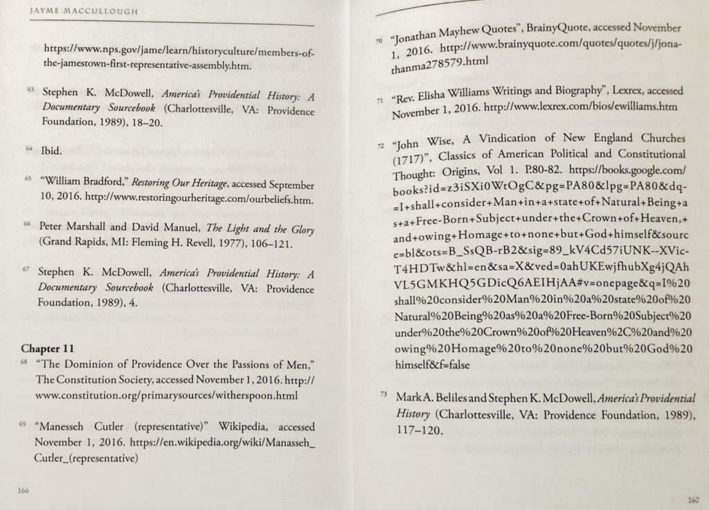 Pages 166 - 167 of the Endnotes of "The Chain of Liberty" by Jayme Maccullough.