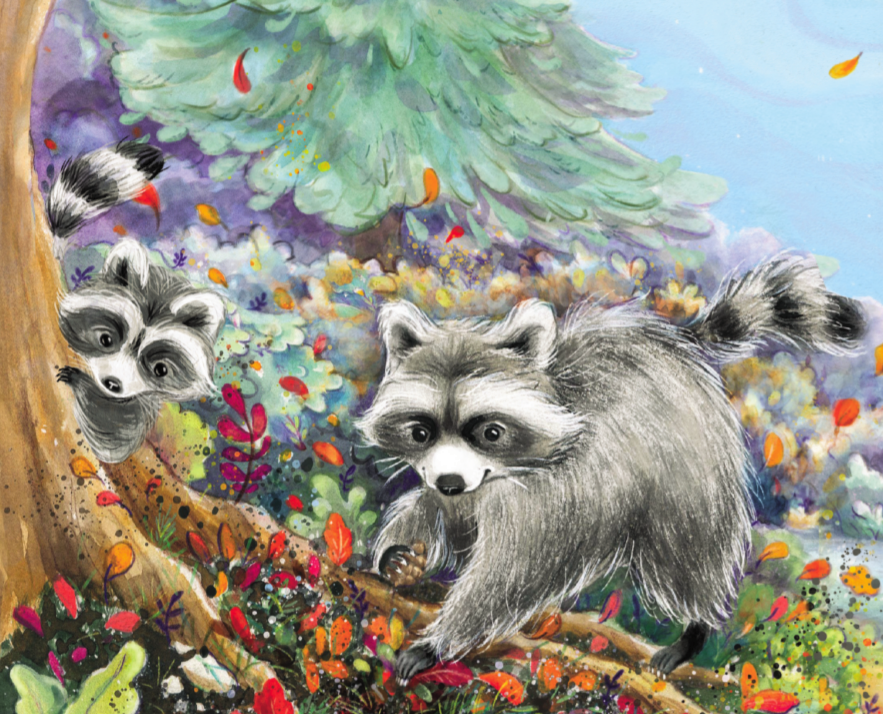 Illustration of raccoons in the book, God's Blessings of Fall.