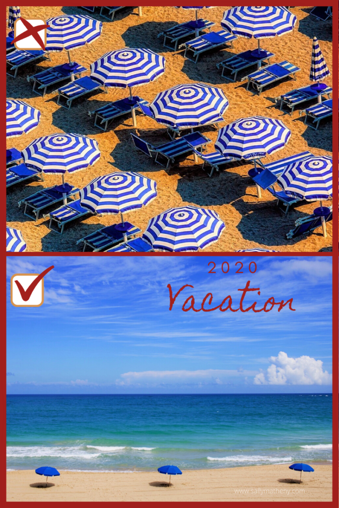 Two photos - one with congested beach umbrellas and chairs. The other with three spaced out beach umbrellas and a check mark beside it.