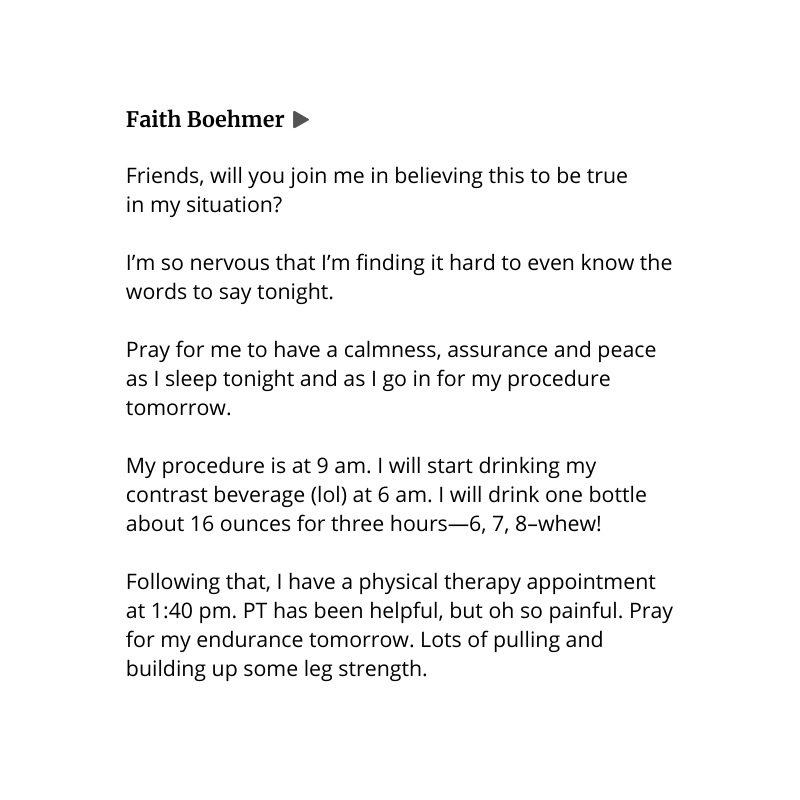 Faith's Facebook post asking friends to pray for her to have peace and endurance.