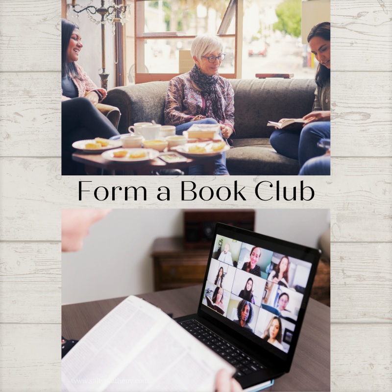 Two images of book clubs with adults and teens--one club is in person and one is shown online. 