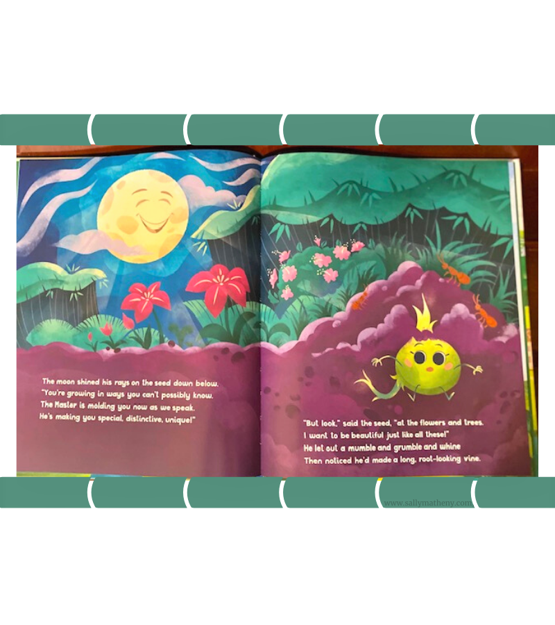 Book review: YOU'RE MORE THAN A SPROUT. Shows two pages illustrating the moon smiling as he encourages a grumbling bamboo sprout to be patient while the Master is molding him. (written by Jill Roman Lord)