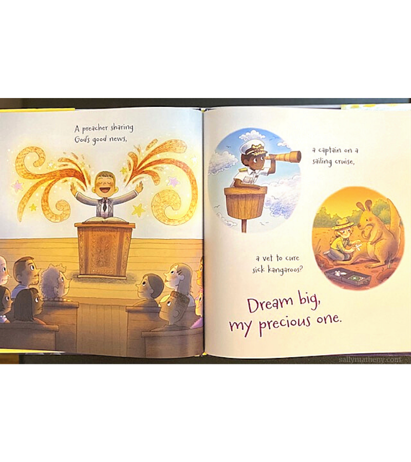 Illustration inside of DREAM BIG, MY PRECIOUS ONE shows a young preacher, a captain, and a kangaroo vet.