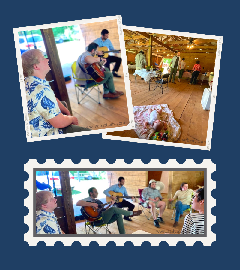 Shows photos of Sally Matheny's family playing instruments and singing inside the barn.