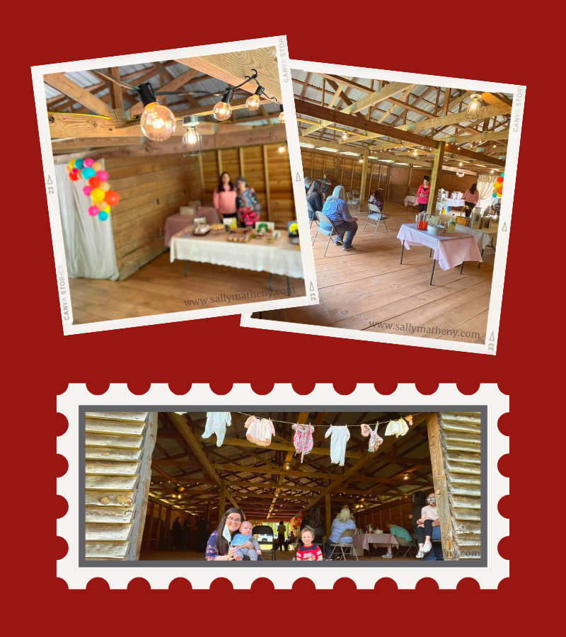 Shows photos of a baby shower taking place inside the barn. Balloons, baby clothes on a clothesline, food.