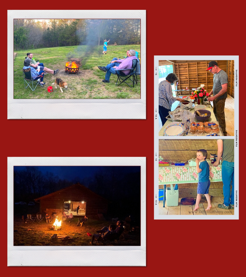 Shows photos of barn praising with people around a fire pit and with people eating inside the barn.