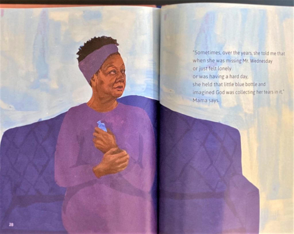 Inside illustration of A LITTLE BLUE BOTTLE. Shows an African American elderly lady holding a little blue bottle. Pages 28-29.