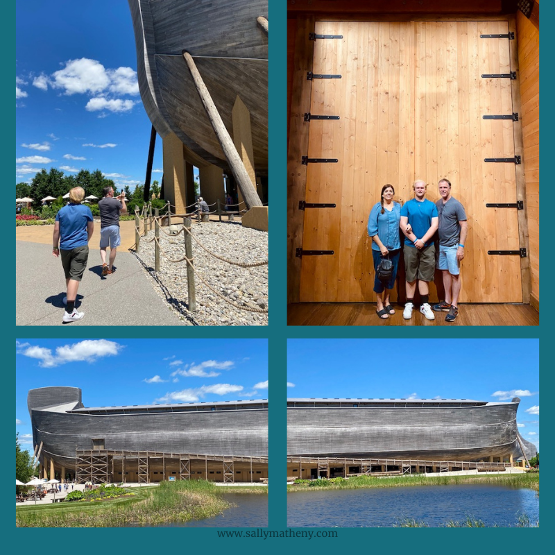 Contains a photo of the Ark, a photo people standing underneath front of the Ark, and a photo of Sally Matheny and her family standing in front of an extremely tall Ark door. Photos by Sally Matheny, 2021.