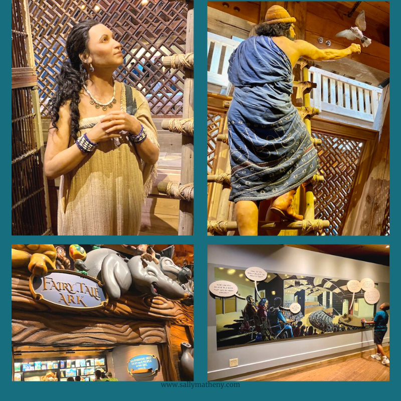 Shows 4 photos taken by Sally Matheny at the Ark Encounter in 2021. Two photos show wax figurines which look like real people! One photo is of the Fairy Tale Ark section in the museum. The last photo shows a young boy reading an enlarged panel from a graphic novel.