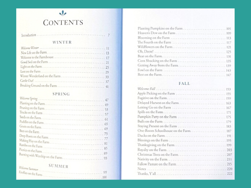 The contents page of THE GROWING SEASON book.