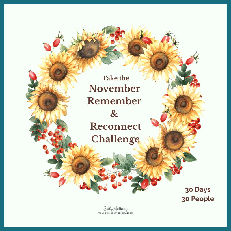 Sunflower wreath with text - Take the November Remember & Reconnect Challenge