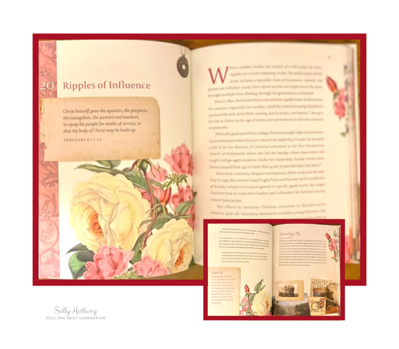 Heirloom Book Review shows inside page with colorful illustration of white and pink roses