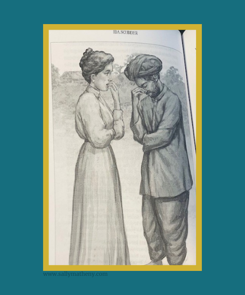 Illustration by Guy Porfirio of Ida Scudder: Missionary Doctor. Page 96. Shows Ida talking with a man in India. 