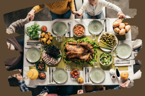 Family praying around a table of food