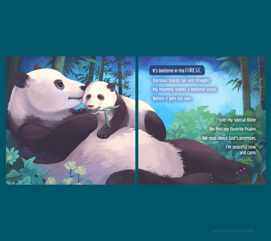 Inside illustration of pandas in the book BEDTIME WITH MOMMY.