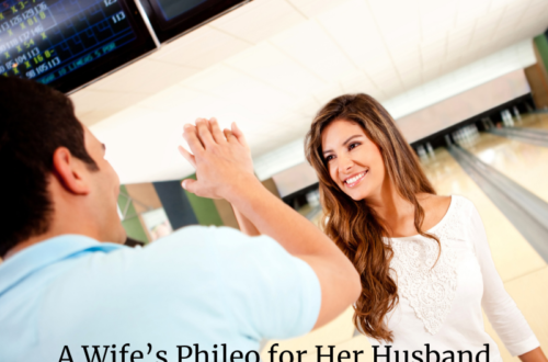 Shows husband and wife bowling and smiling together. A Wife's Phileo for Her Husband