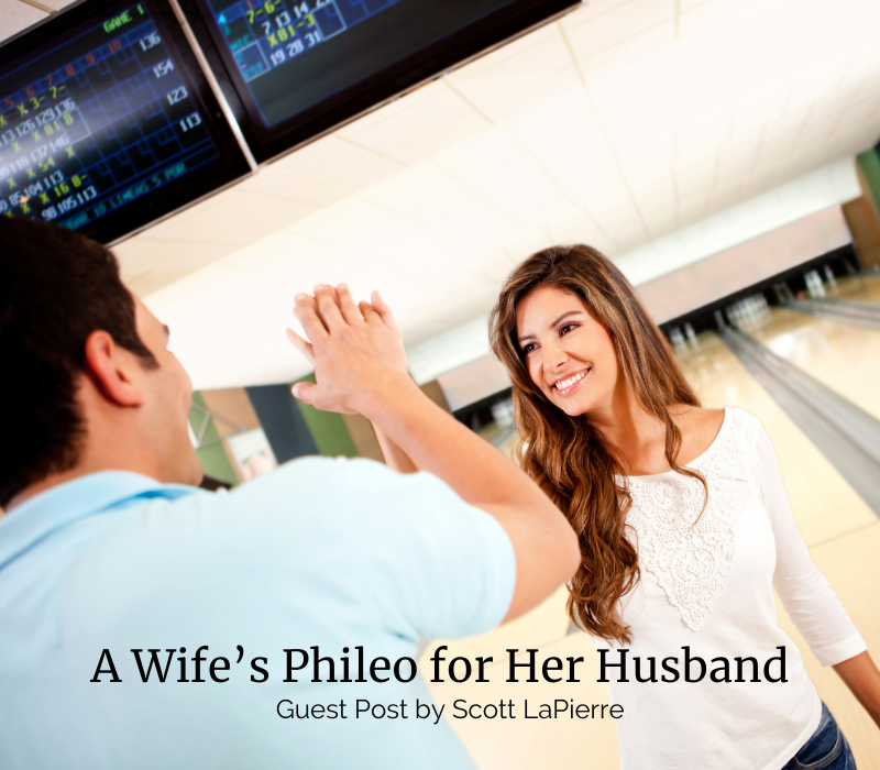 Shows husband and wife bowling and smiling together. A Wife's Phileo for Her Husband