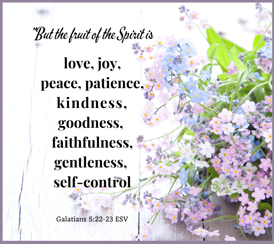 Shows forget-me-not flowers with the scripture verse for Galatians 5:22-23 ESV.