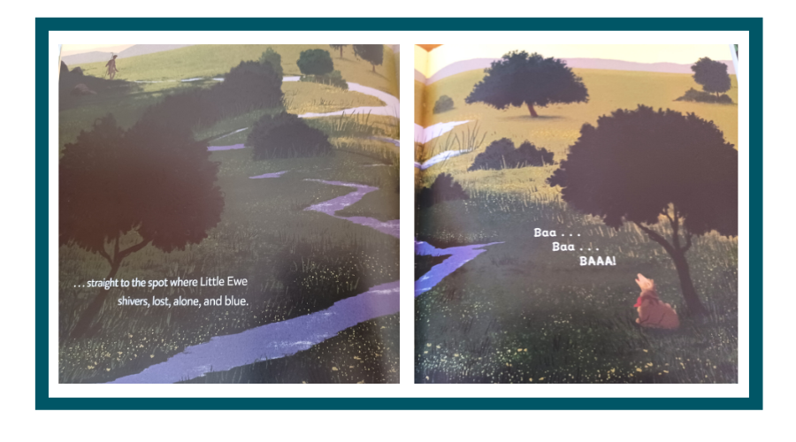 Shows a two-page spread of illustrations from the book, LITTLE EWE. Shows a shepherd in the distance with a stream of water leading to the lost lamb.