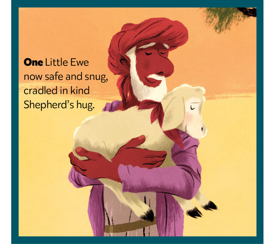 Illustration of a shepherd holding a lamb. From Laura Sassi's picture book, LITTLE EWE.