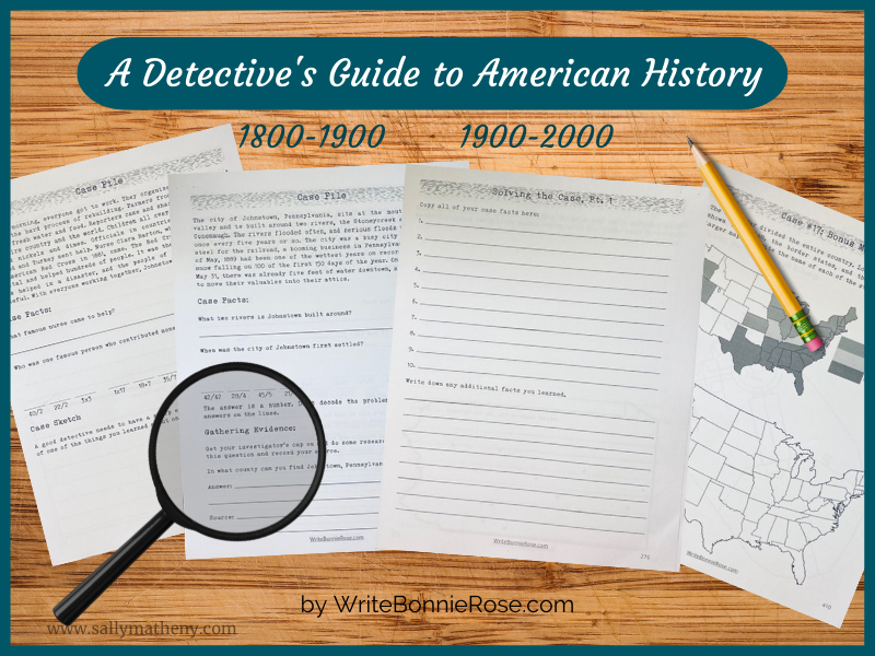 Shows four worksheets from the Detective's Guide to American History by Bonnie Rose Hudson.