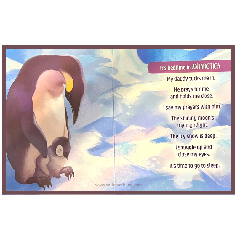 Shows inside page spread of a father penguin with a baby penquin nestled on his feet. Shows text of page about snuggling close and saying prayers before going to sleep.