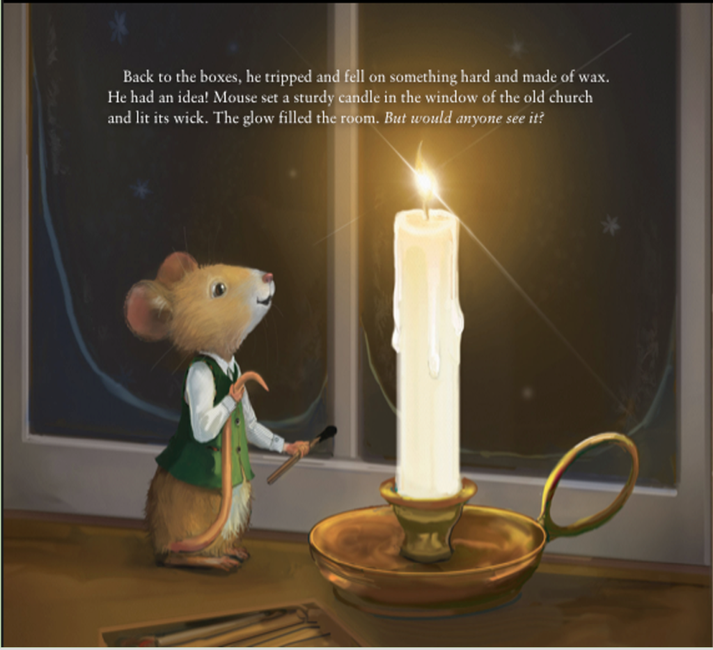 MOUSE'S CHRISTMAS GIFT inside page showing Mouse beside a candle in a window.