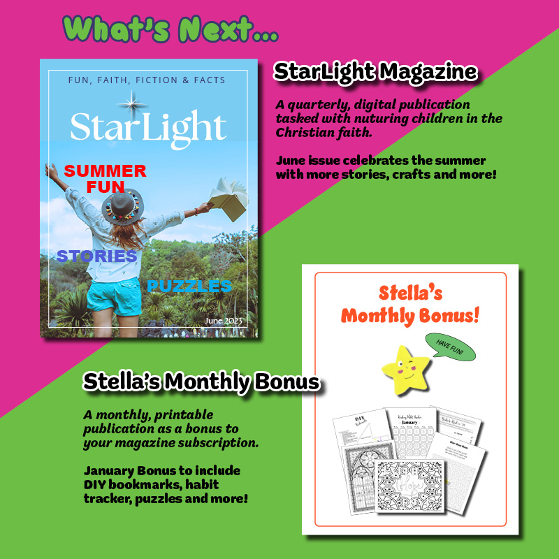 Shows a graphic of what will be inside the summer issue of StarLight magazine. Stories, crafts, DIY bookmarks, puzzles and more.