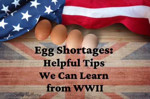 Shows eggs rolling out of American flag towards British flag. Text: Egg Shortages: Helpful Tips We Can Learn From WWII. Sally Matheny-Tell the Next Generation.