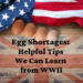 Shows eggs rolling out of American flag towards British flag. Text: Egg Shortages: Helpful Tips We Can Learn From WWII. Sally Matheny-Tell the Next Generation.