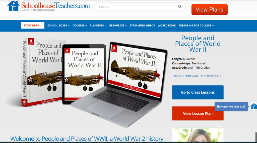 Screenshot of one of Sally Matheny's WWII unit studies found at SchoolhouseTeachers.com. Shows WWII airplane with text: People and Places of WWII.