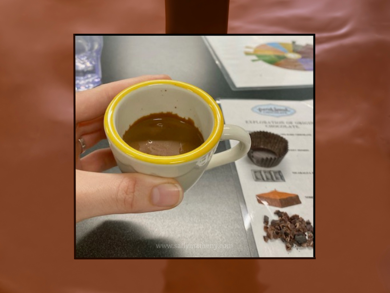 Shows a hand holding a small cup of dark chocolate liquid truffle drink. Photo property of Sally Matheny.