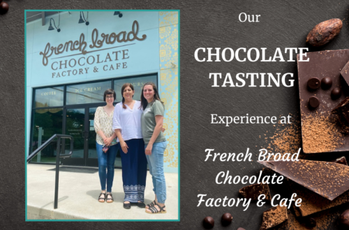 Shows Sally Matheny and her daughters standing in front of the French Broad River Chocolate Factory.