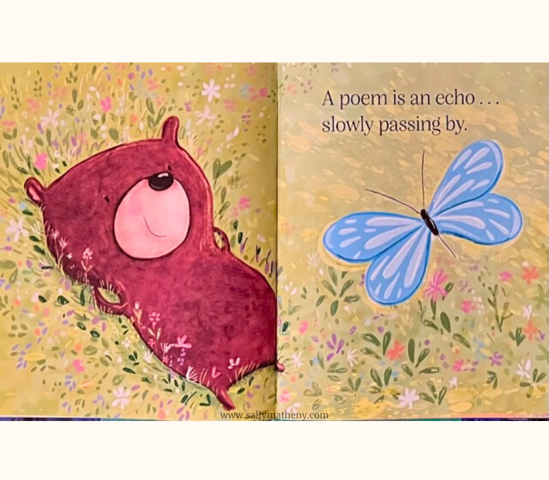 Inside illustration spread from the book "A Poem is a Firefly." Shows a bear lying in a meadow with a butterfly overhead. Text reads: "A poem is an echo . . . slowly passing by."
