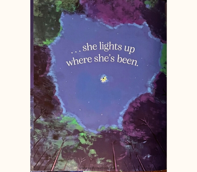 Shows an illustration by Michelle Hazelwood Hyde from the book, "A Poem is a Firefly." Shows a firefly in the night. Text by Ghigna reads: " . . . she lights up where she's been."
