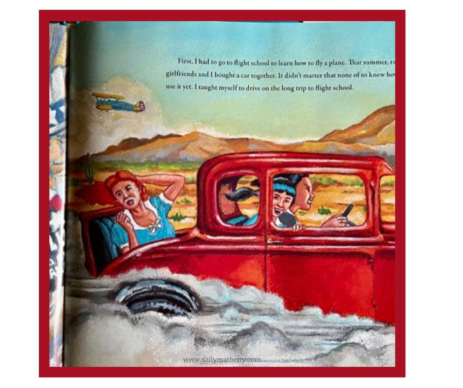 Shows an illustration from the picture book Sky High. Shows Maggie Gee larning how to drive a car with her two friends hanging on. Illustration by Carl Angel.