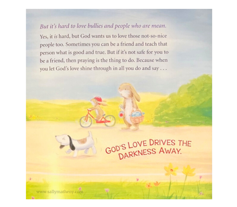 Shows and inside illustration from the book, "God is Always Good." Shows a mother rabbit carrying a picnic basket, a child rabbit riding a bike and wearing a helmet, nature, and a dog.