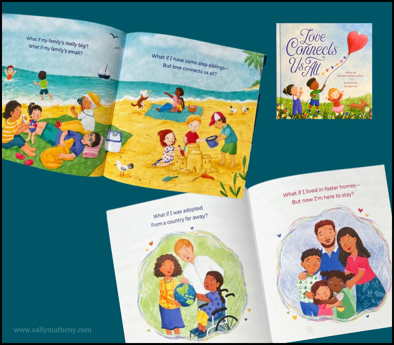 Shows two, 2-page spreads inside of the picture book, Love Connects Us All.