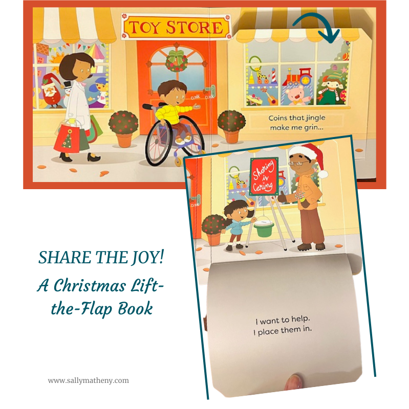 Share the Joy! is a Christmas Lift-the-Flap book. Shows an inside illustration of the book.