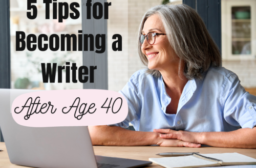 Woman sitting at a computer. Text: 5 Tips for becoming a writer after age 40