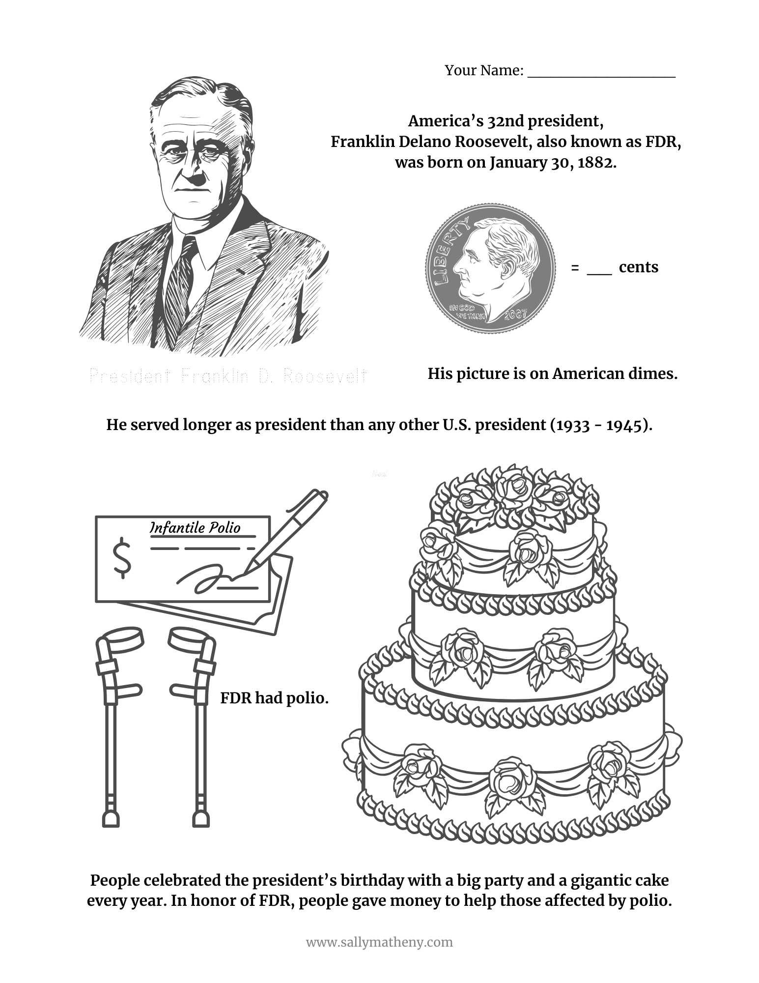 President Franklin D. Roosevelt's Birthday Activity Sheet designed by Sally Matheny. Free download for students.