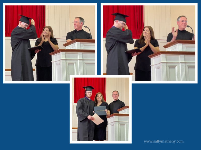 Collage of photos of Sally Matheny, her husband, and their son during a homeschool high school graduation ceremony. 2023