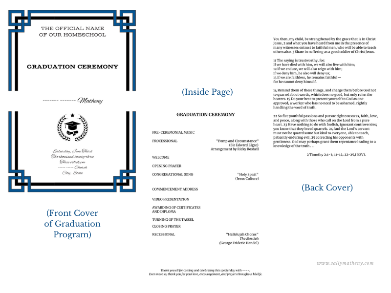 Shows the front cover, inside text, and back cover of a program for a graduation ceremony.