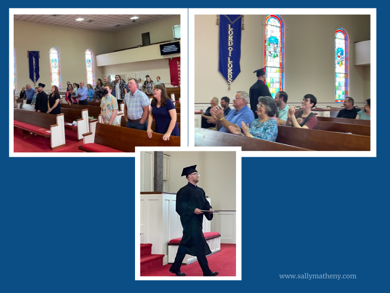 Collage of photos of a homeschool graduation. Shows guests singing inside of a church, the graduate walking with his diploma, and the guests smiling and clapping.
